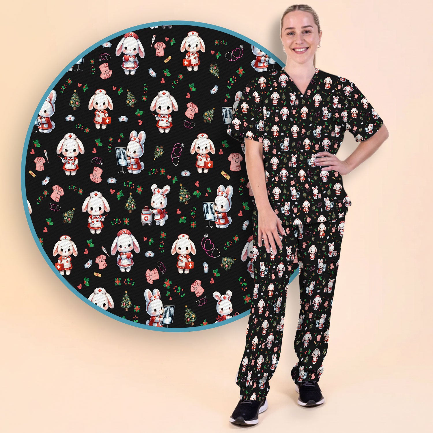 Comfortable Scrubs Sets for Nurses - Funny Bunny Scrub Pants and V Neck Top - Rabbit Christmas Med Uniform for Women
