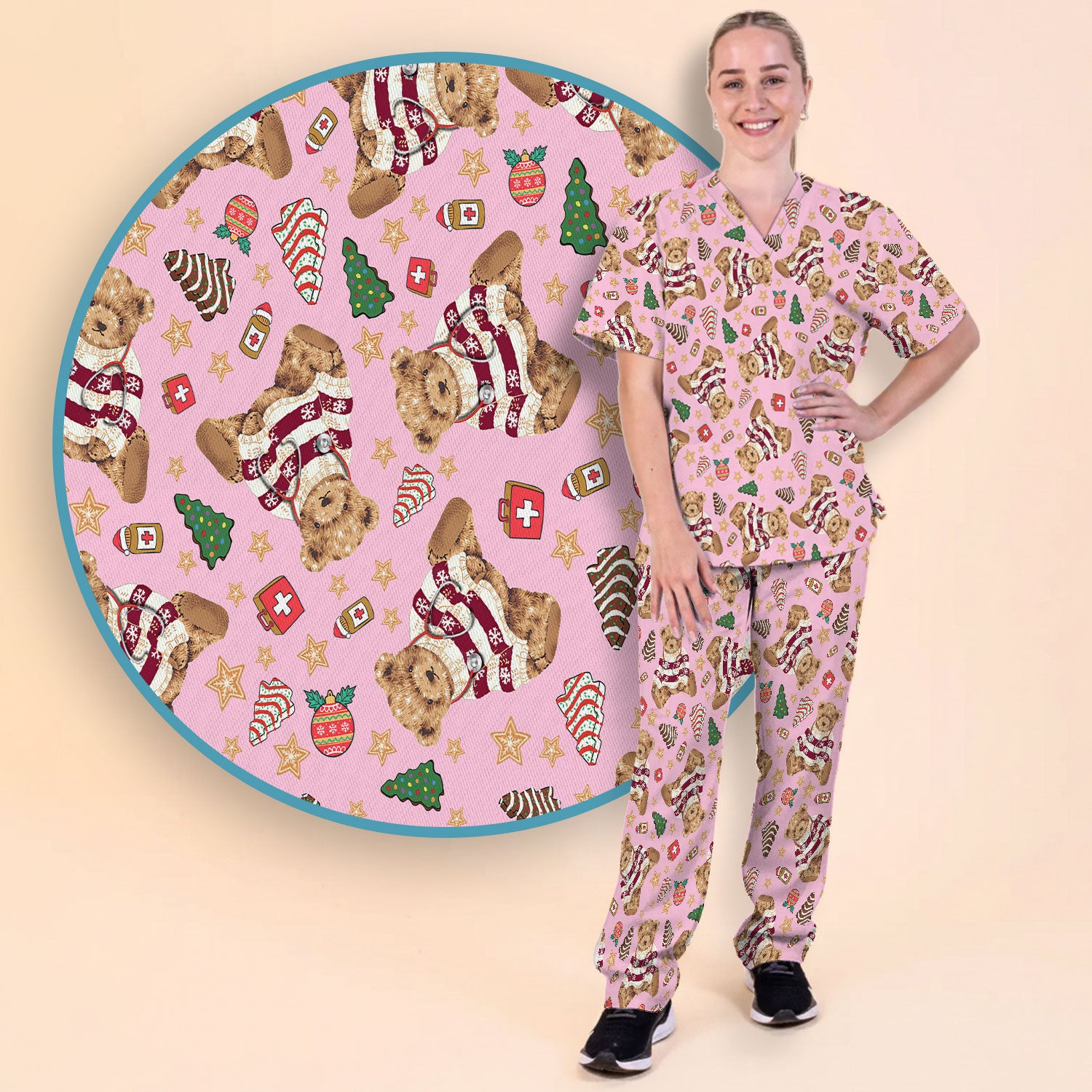 Christmas Teddy Bear Scrub Set for Nurses - Cozy Holiday Pattern with Cute Bear and Medical Icons Scrubs Pants and V Neck Top