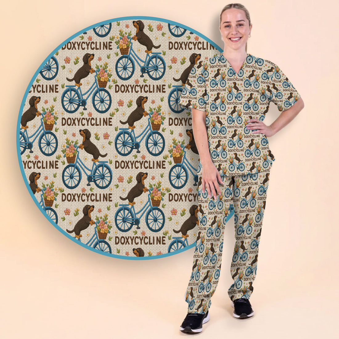 Doxycycline Pharmacy Pun Scrub Set - Dachshund on Bicycle Pharmacists Scrubs Pants and V Neck Top - Veterinary Technicians Gift