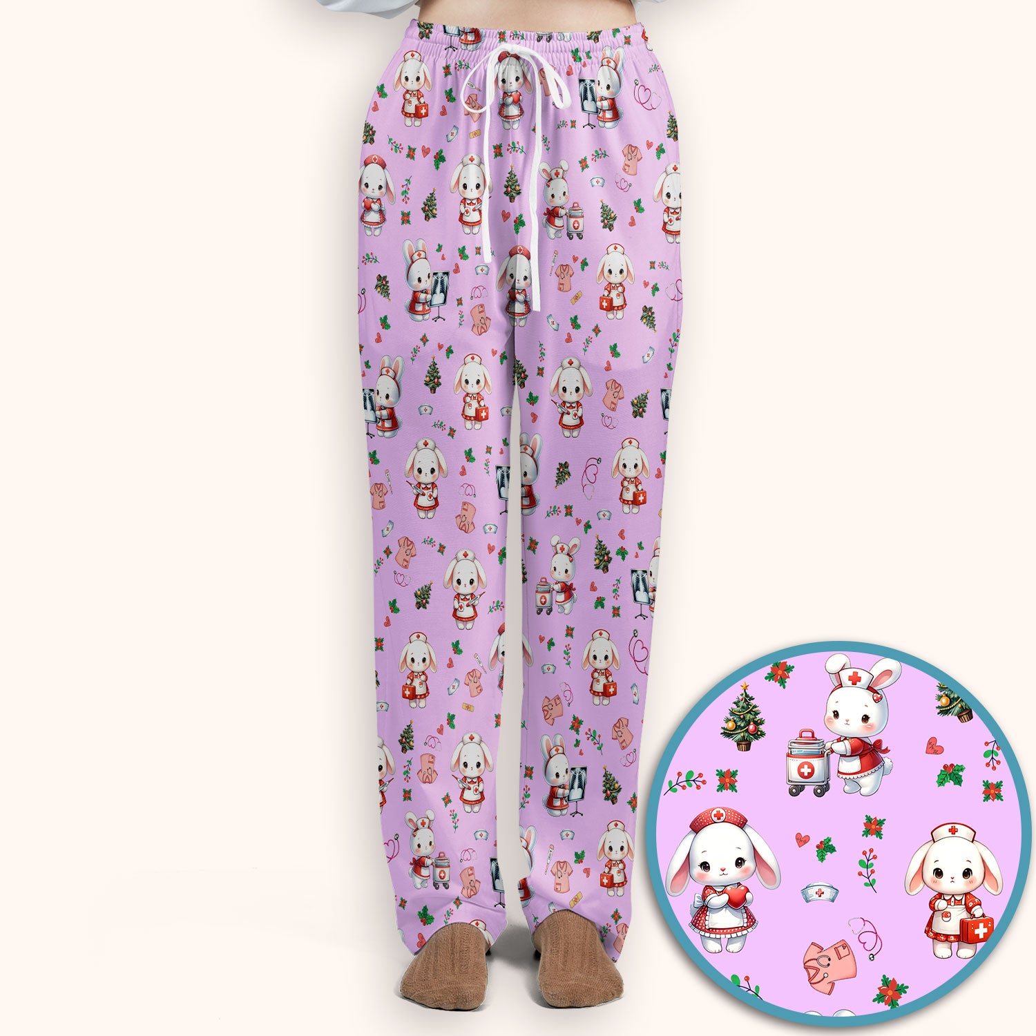 Comfortable Scrubs Sets for Nurses - Funny Bunny Scrub Pants and V Neck Top - Rabbit Christmas Med Uniform for Women
