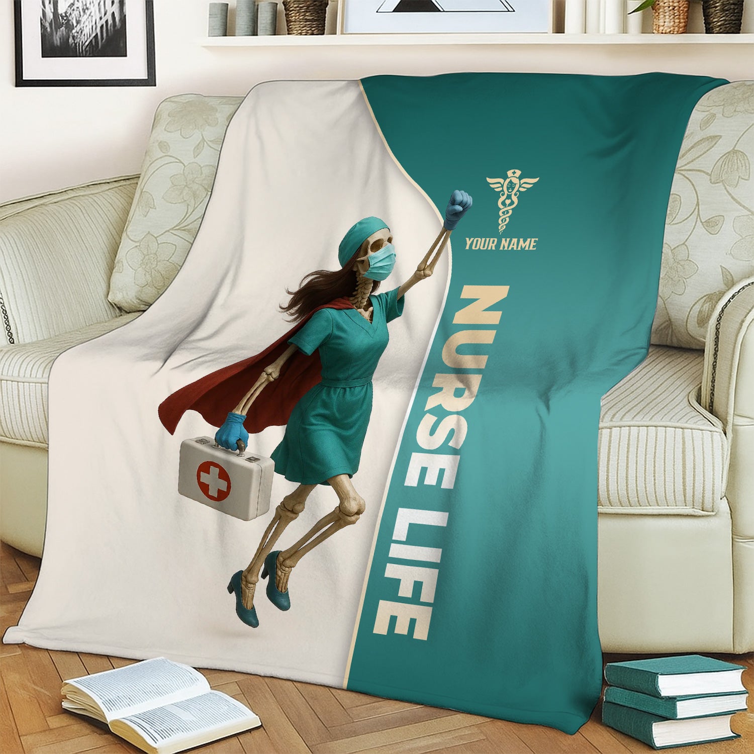 Personalized Superhero Nurse Blanket - Skeleton in Cape Holding Medical Bag - Nurse Life Gift for Healthcare Heroes