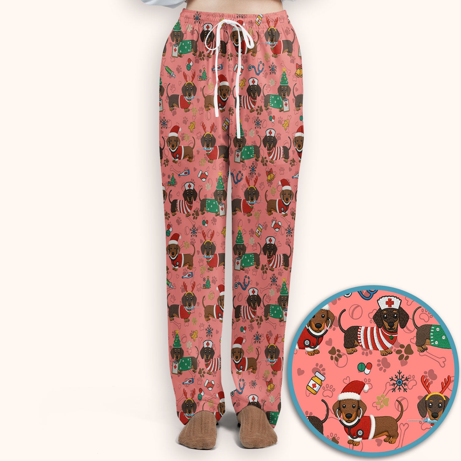 Christmas Wiener Dog Scrub Sets for Nurses - Cute Dachshund Scrubs Pants and V Neck Top - Fun Holiday Gift for Women RN CNA LPN