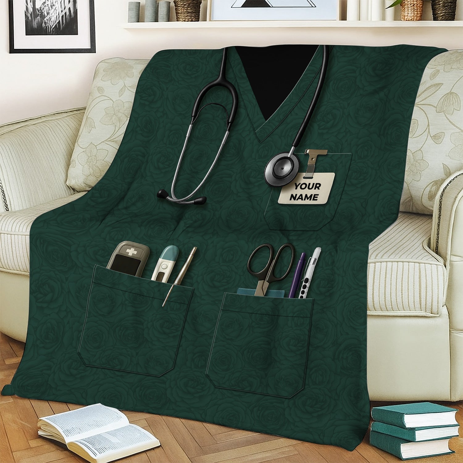 Green Scrub Nurse Throw Blanket - Medical Uniform Design with Pockets and Name - Gift for Female Nurses, CNA, LPN, RN
