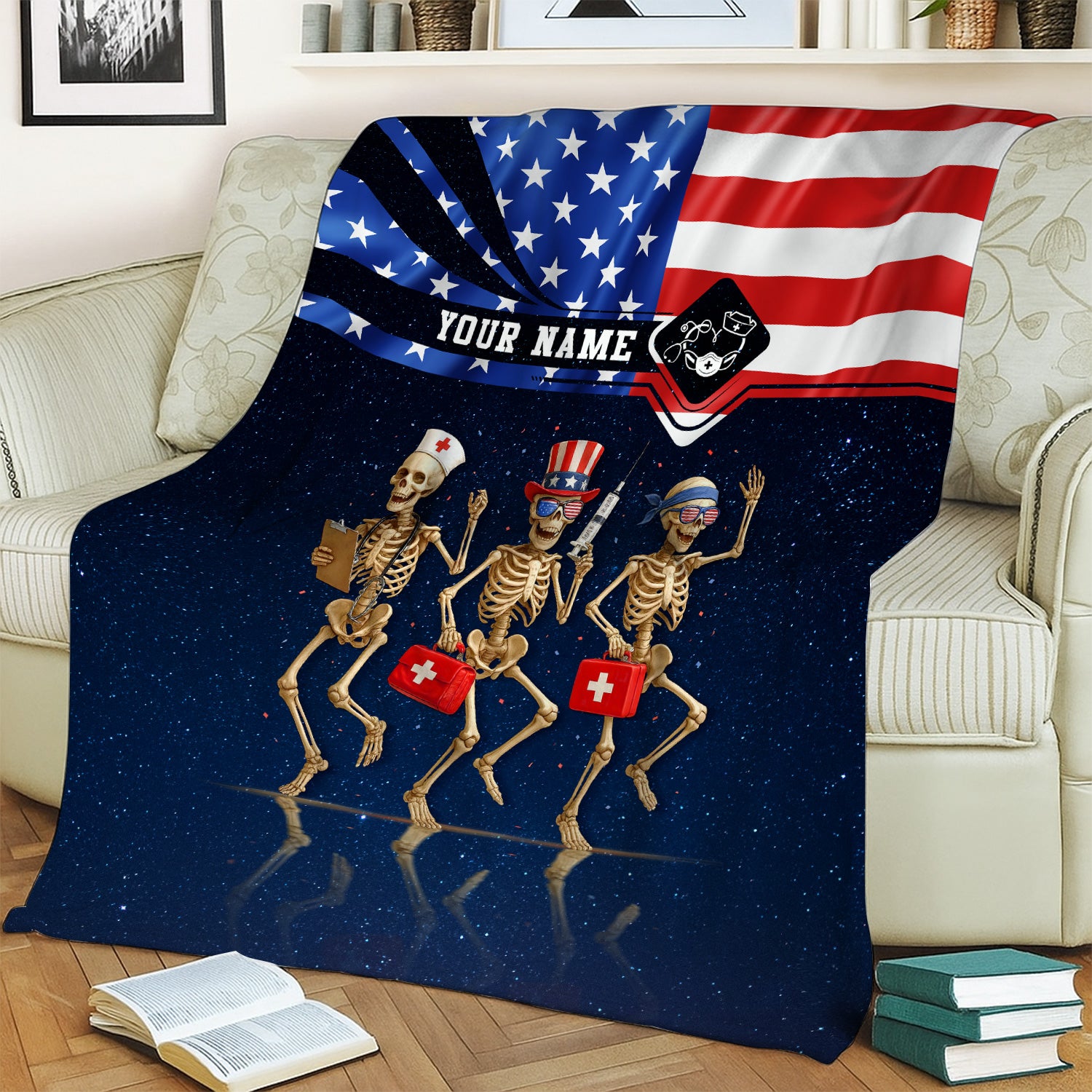 Nurse Life Skeleton Blanket - American Flag 4th of July Throw - Custom Gift for RN CNA LPN