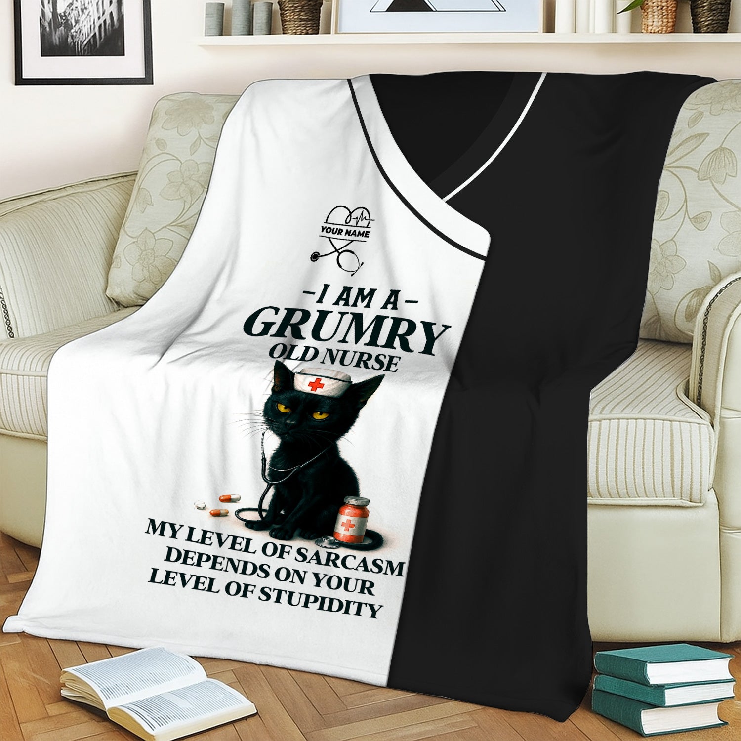 Grumpy Nurse Blanket - Black Cat Funny Quote Design - Sarcastic Gift for RN CNA LPN Female Healthcare Workers