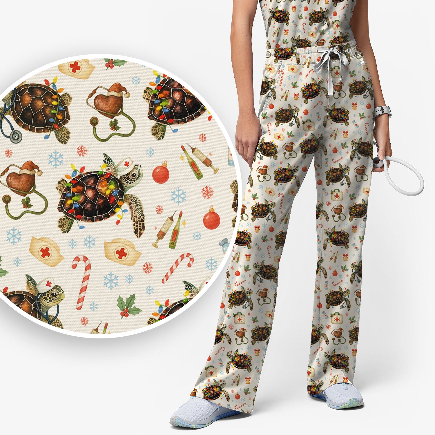 Christmas Turtle Scrub Set for Women - Cute Sea Turtle Nursing Pants and V Neck Top - Festive Holiday Gift for CNA LPN RN