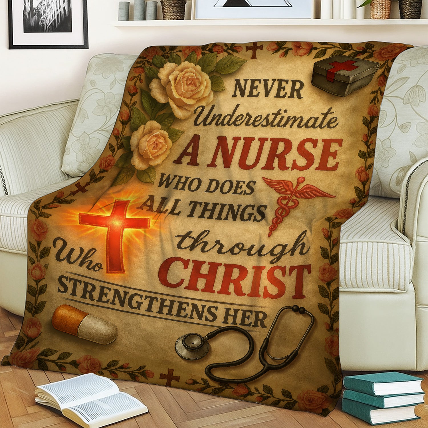 Christian Nurse Blanket - 'Through Christ Who Strengthens Her' Quote with Floral & Medical Design - Gift for RN, CNA, LPN