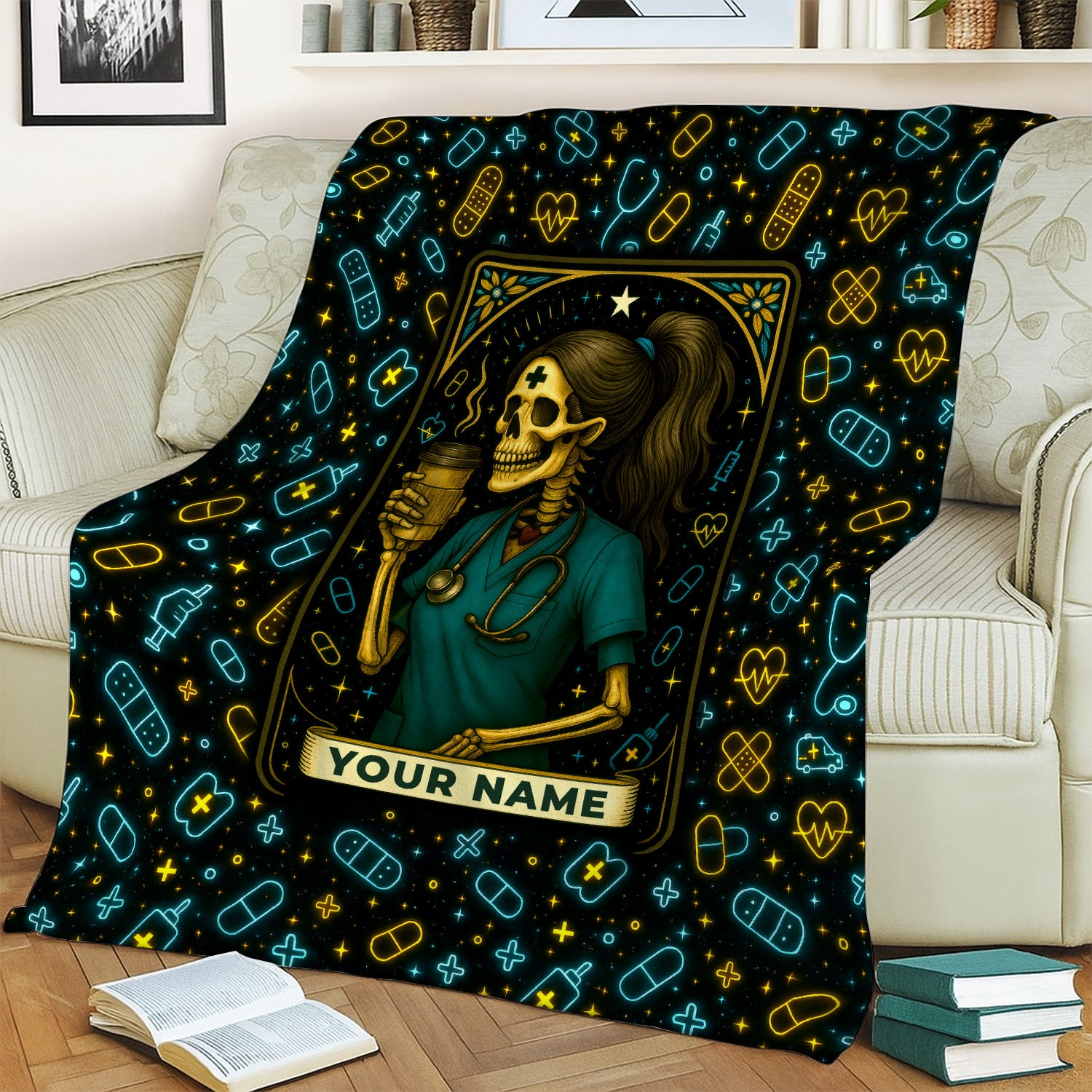 Funny Skeleton Nurse Blanket - Personalized RN CNA LPN Gift with Coffee Design - Custom Halloween Throw for Healthcare Workers