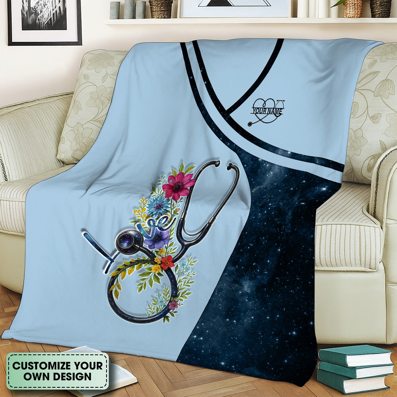 Personalized Nurse Blanket - Floral Stethoscope Love Design - Custom Name Gift for RN LPN CNA Medical Staff