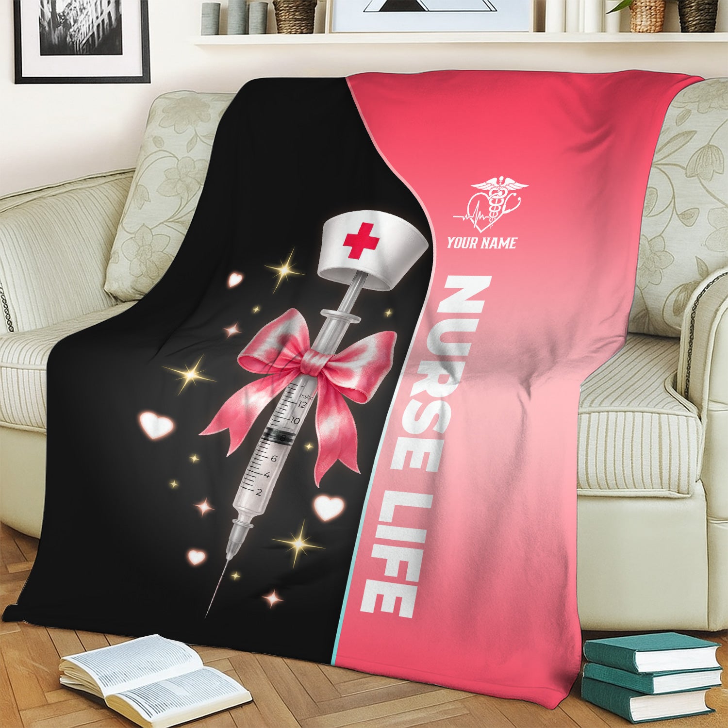 Personalized Nurse Life Blanket - Pink Syringe Bow & Nurse Hat Design - Cute RN LPN CNA Gift for Women