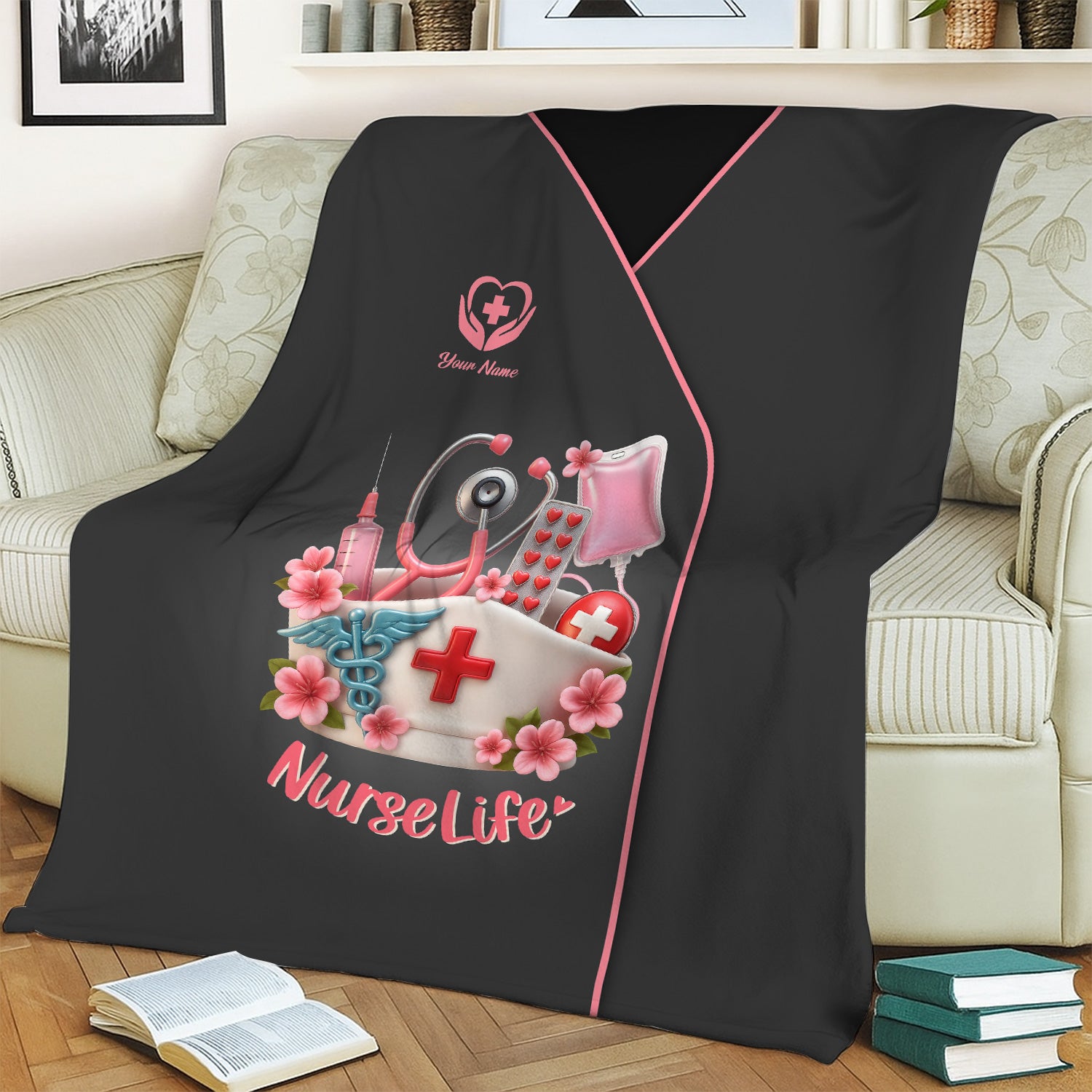Custom Name Nurse Blanket - 3D Pink Stethoscope & Syringe Graphic - Gift for Female Nursing Students and Workers