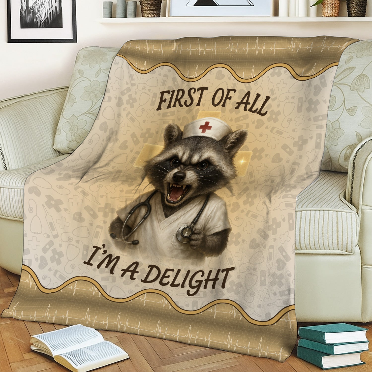 Personalized Funny Nurse Blanket - Gift for Women RN CNA LPN - Angry Raccoon Design 'First Of All I‰Ûªm A Delight' - Cozy Throw for Medical Staff