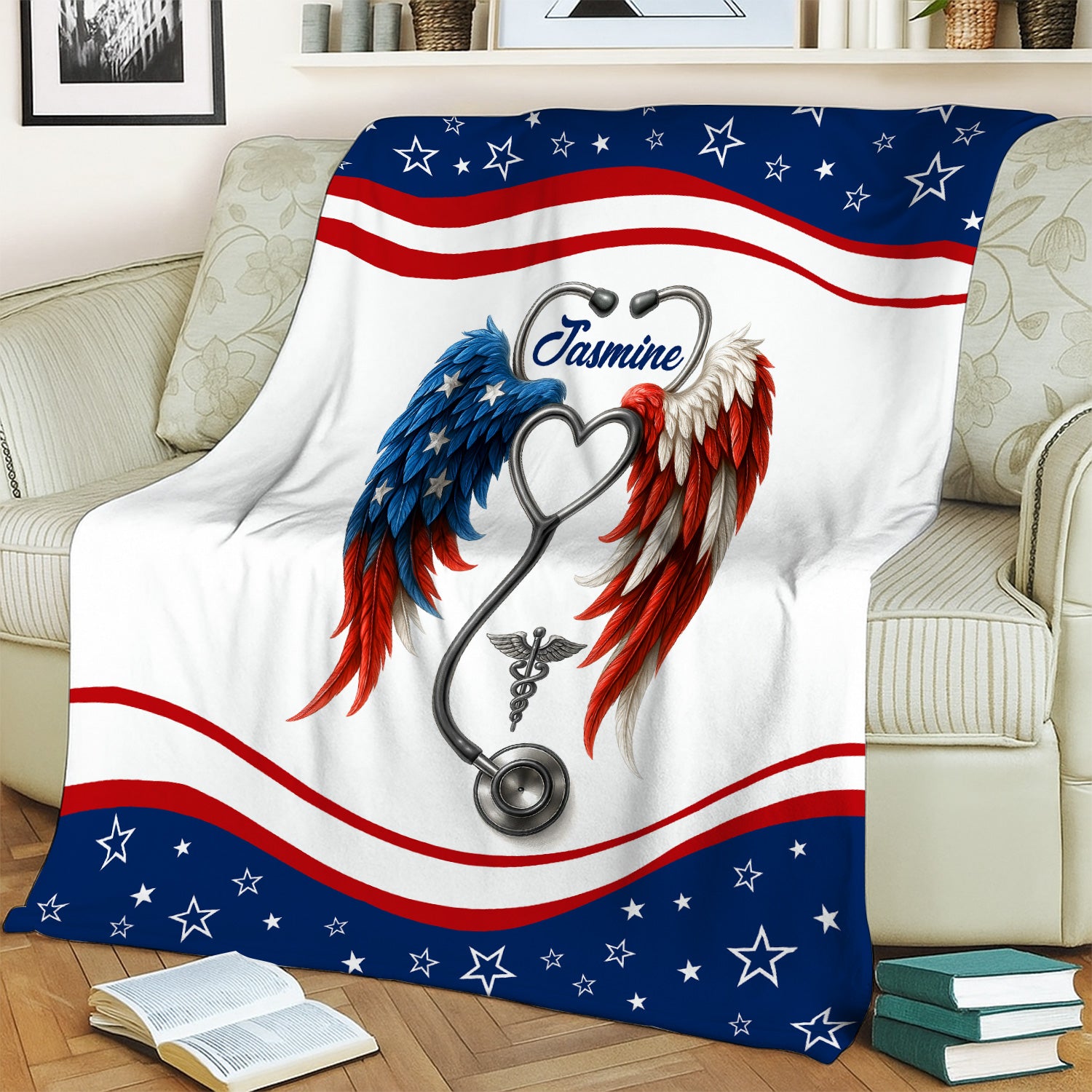 Nurse Angel Wings Blanket - Personalized Name & USA Flag Feathers - Soft Gift for RN LPN CNA Appreciation