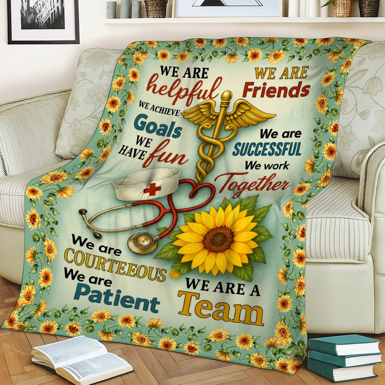 Nurse Sunflower Blanket - We Are a Team Quote Throw - Motivational Gift for RN CNA LPN Women