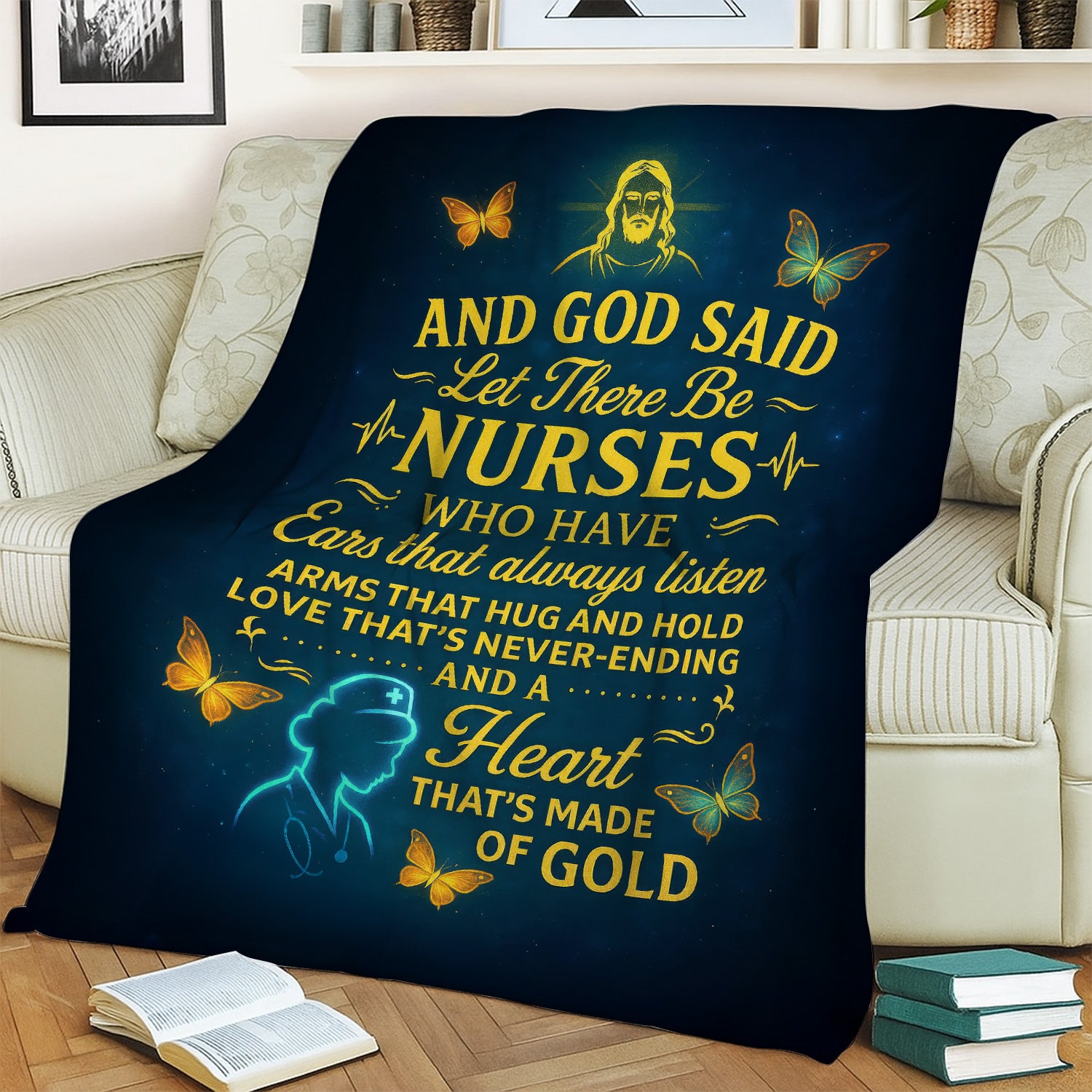Personalized Christian Nurse Blanket for Women RN CNA LPN - And God Said Let There Be Nurses Quote - Faith-Based Gift for Nurses with a Heart Made of Gold