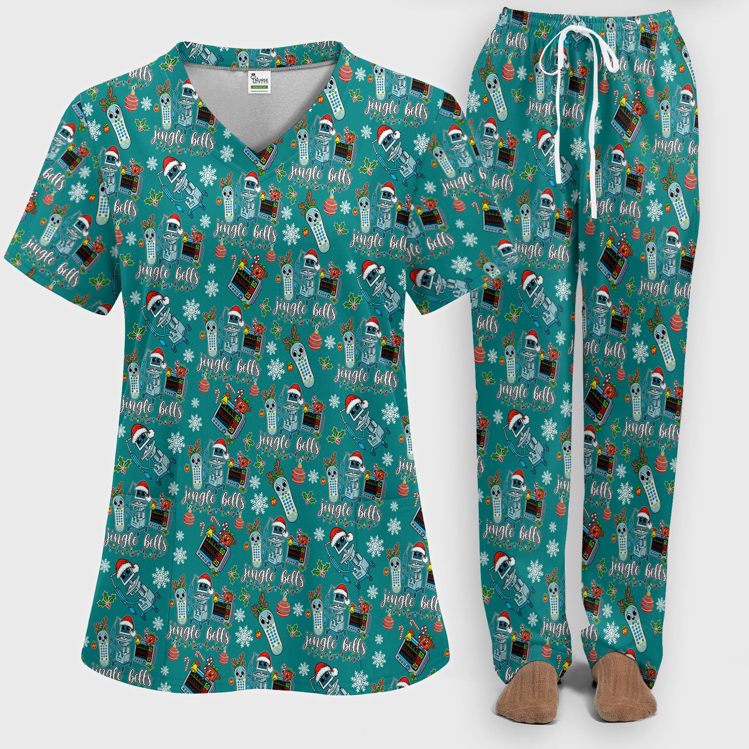 Christmas Women's Scrub Sets - Funny Jingle Bells Holiday Med Uniform - Merry Xmas Scrub Pants and V Neck Top