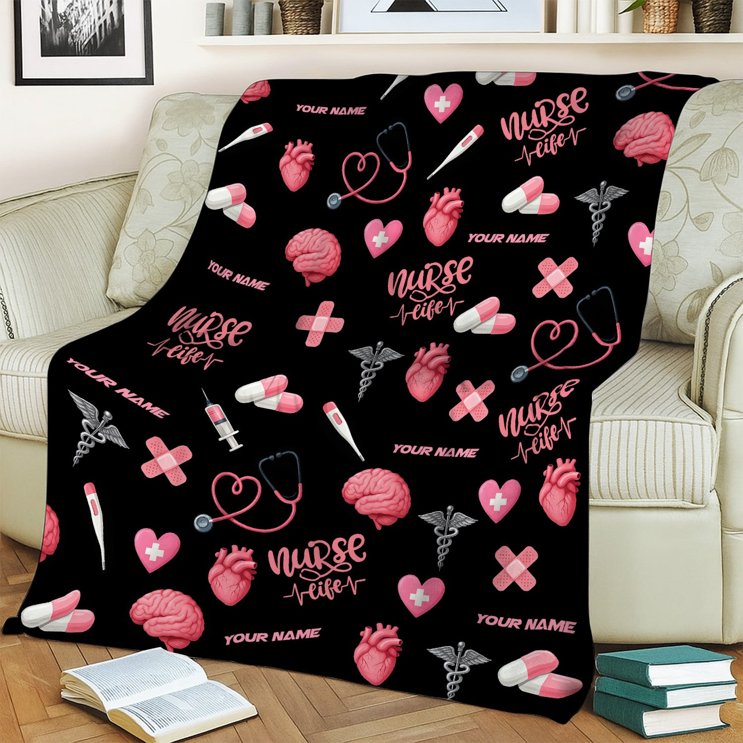 Funny Nurse Blanket with Name - Cute Pink Heart Brain Pill Icons - Personalized Gift for Women RN CNA LPN in Healthcare and Nursing Life