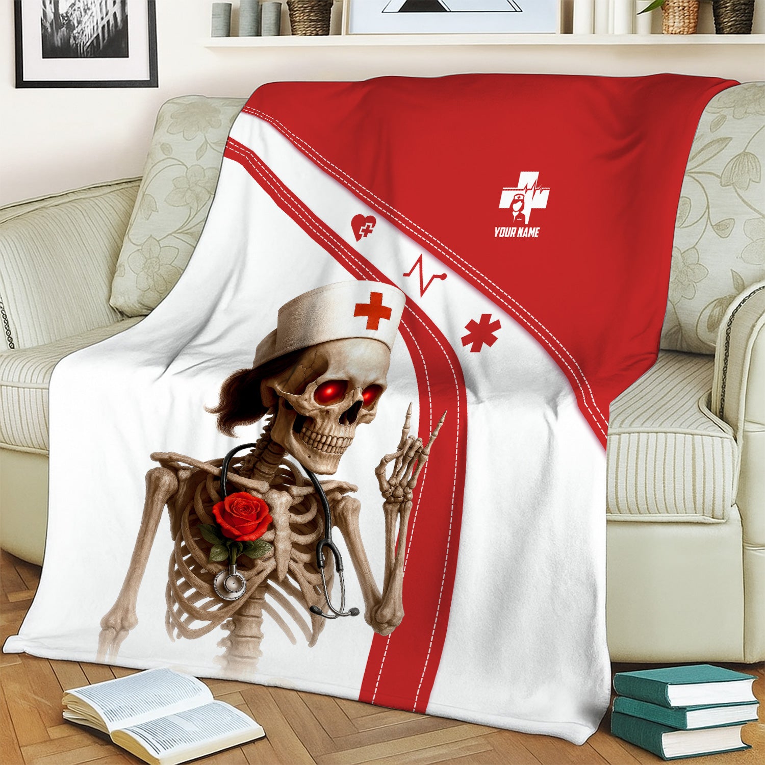 Personalized Nurse Life Blanket with Skeleton Quote - Red White Throw for RN CNA LPN - Funny Dark Humor Gift for Healthcare Workers