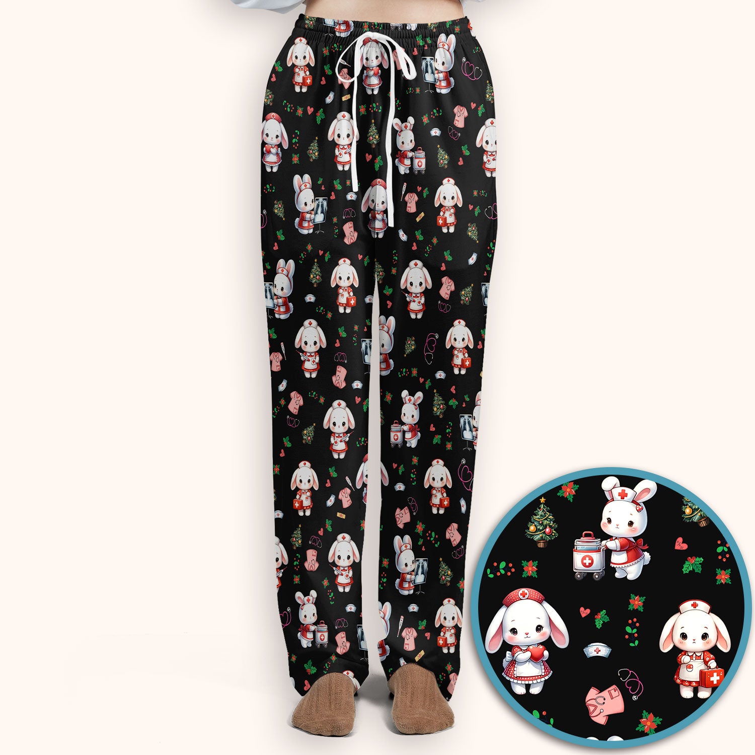 Comfortable Scrubs Sets for Nurses - Funny Bunny Scrub Pants and V Neck Top - Rabbit Christmas Med Uniform for Women