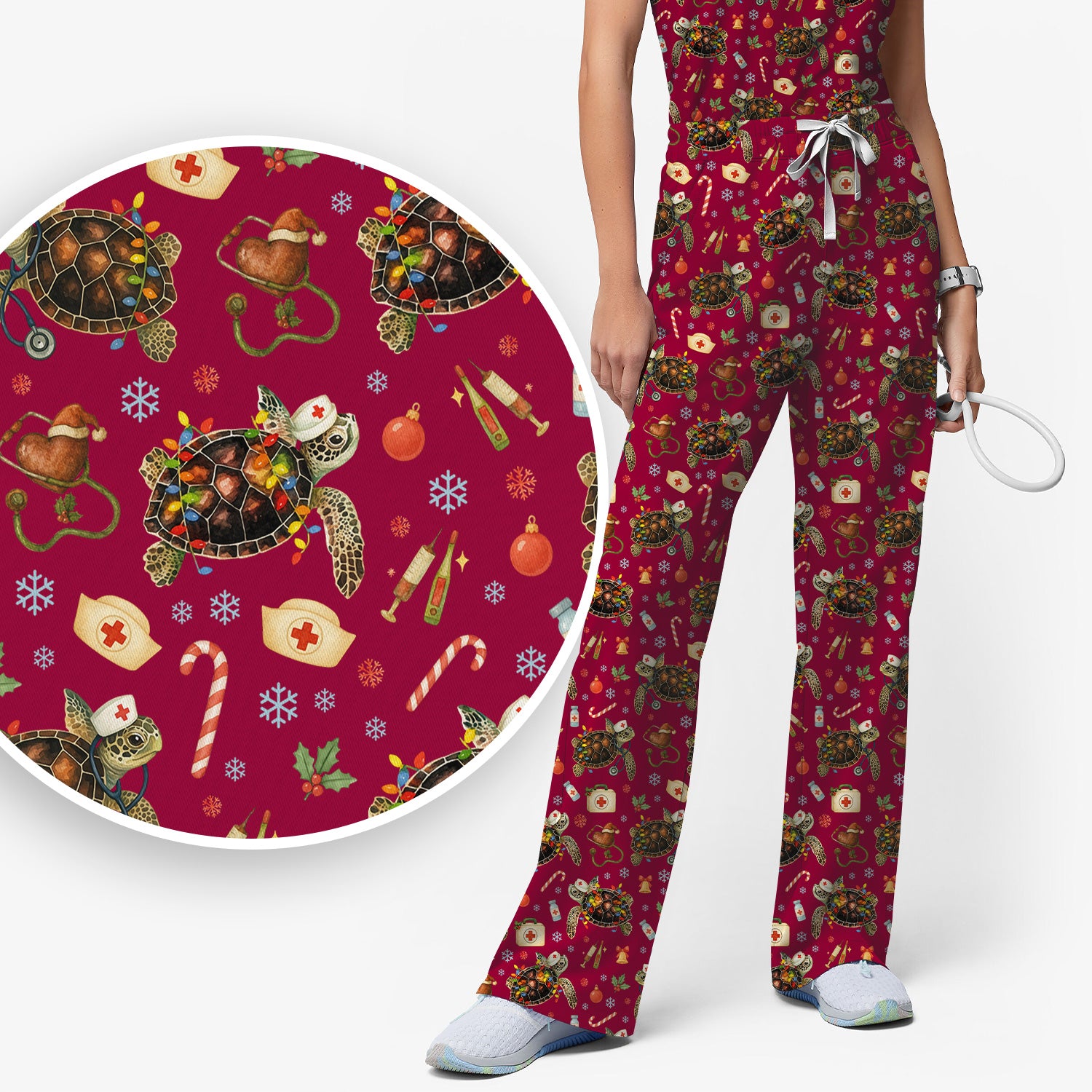 Christmas Turtle Scrub Set for Women - Cute Sea Turtle Nursing Pants and V Neck Top - Festive Holiday Gift for CNA LPN RN