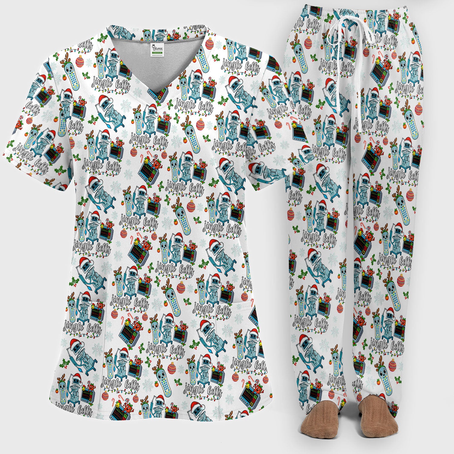 Christmas Women's Scrub Sets - Funny Jingle Bells Holiday Med Uniform - Merry Xmas Scrub Pants and V Neck Top