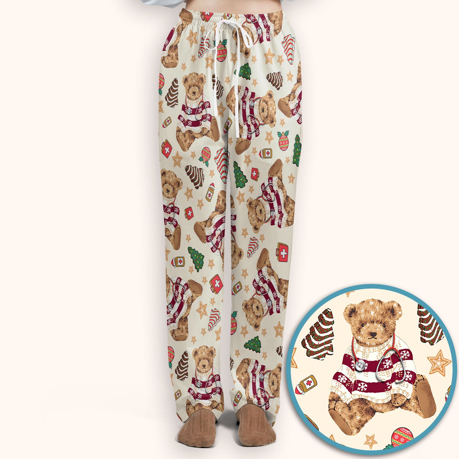 Christmas Teddy Bear Scrub Set for Nurses - Cozy Holiday Pattern with Cute Bear and Medical Icons Scrubs Pants and V Neck Top