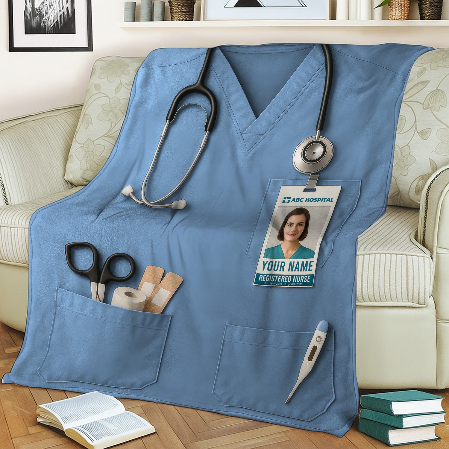 Personalized Nurse Blanket - Stethoscope & ID Badge Design - Custom Text & Photo Options for RN CNA LPN Healthcare Workers