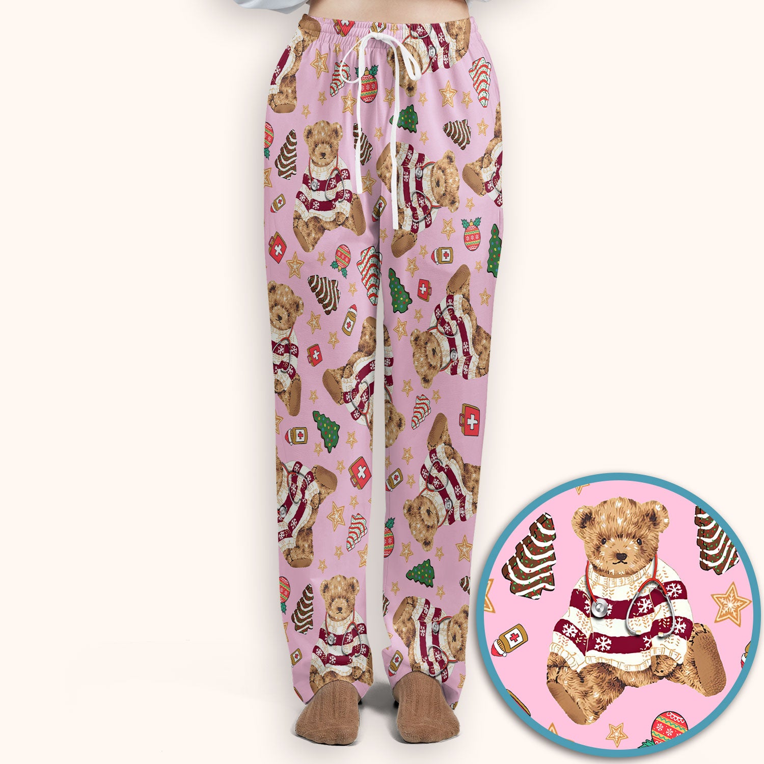 Christmas Teddy Bear Scrub Set for Nurses - Cozy Holiday Pattern with Cute Bear and Medical Icons Scrubs Pants and V Neck Top
