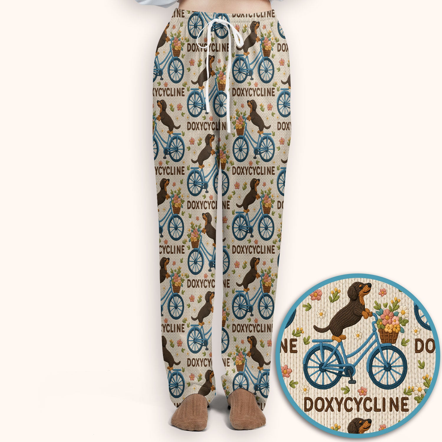 Doxycycline Pharmacy Pun Scrub Set - Dachshund on Bicycle Pharmacists Scrubs Pants and V Neck Top - Veterinary Technicians Gift