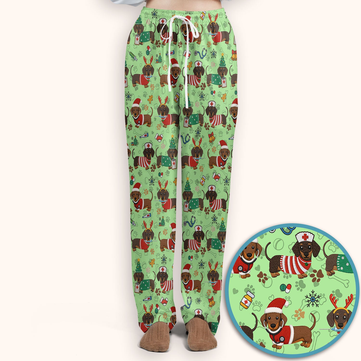 Christmas Wiener Dog Scrub Sets for Nurses - Cute Dachshund Scrubs Pants and V Neck Top - Fun Holiday Gift for Women RN CNA LPN