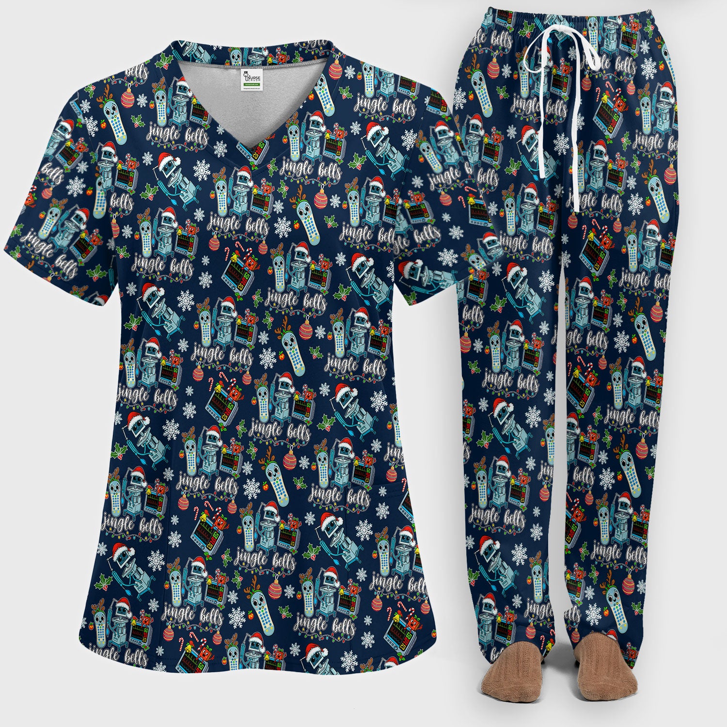 Christmas Women's Scrub Sets - Funny Jingle Bells Holiday Med Uniform - Merry Xmas Scrub Pants and V Neck Top