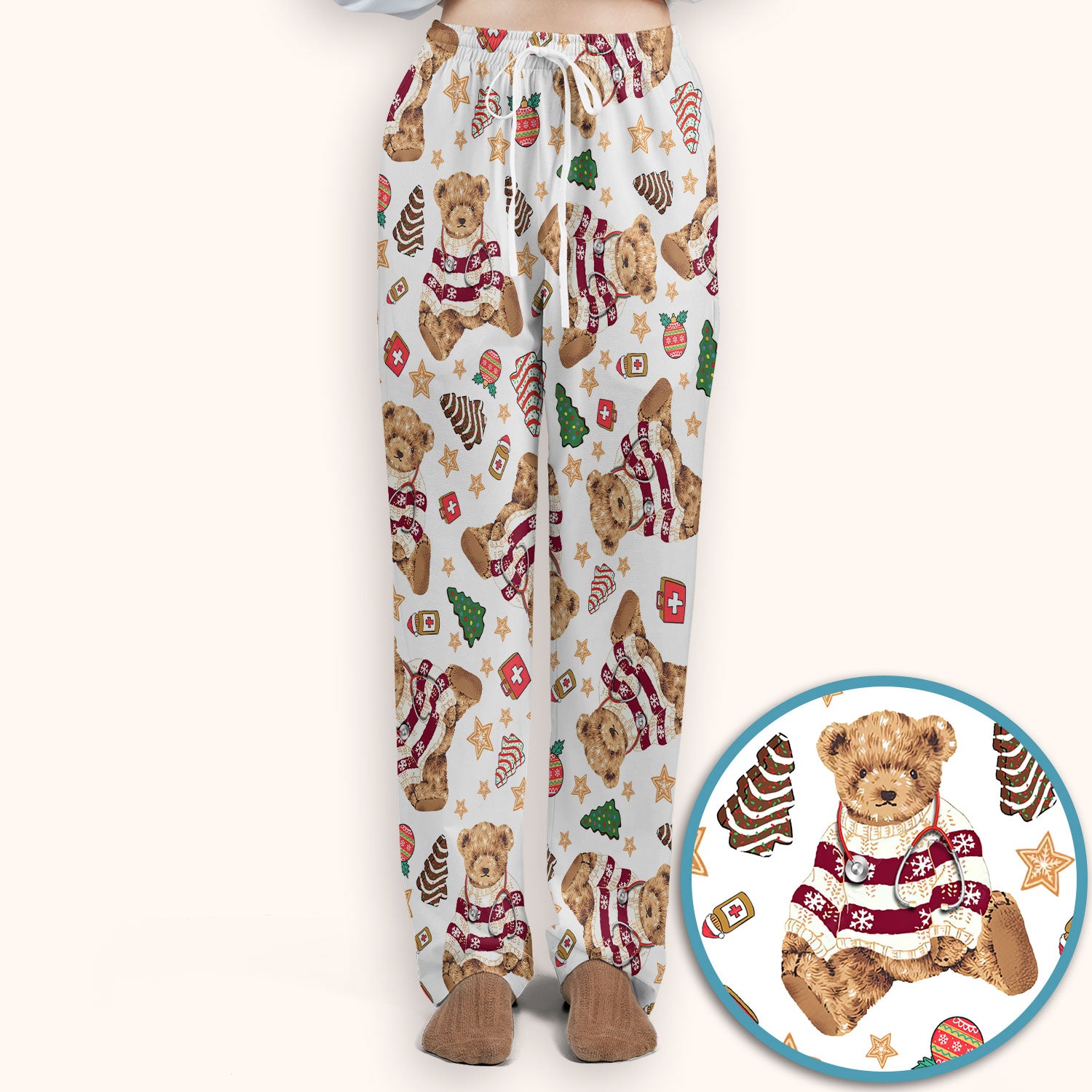 Christmas Teddy Bear Scrub Set for Nurses - Cozy Holiday Pattern with Cute Bear and Medical Icons Scrubs Pants and V Neck Top