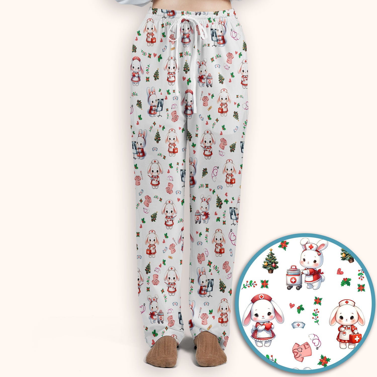 Comfortable Scrubs Sets for Nurses - Funny Bunny Scrub Pants and V Neck Top - Rabbit Christmas Med Uniform for Women