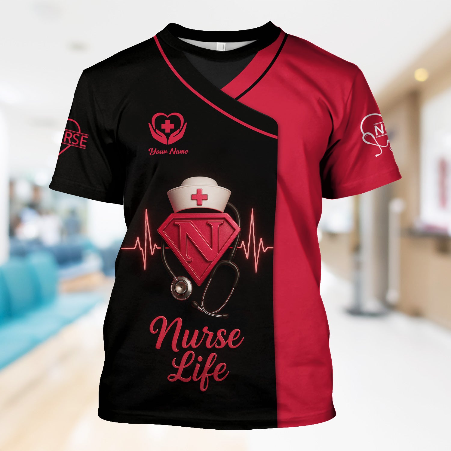 Nurse Superhero Shirt - Personalized Nurse Life with Stethoscope & Heartbeat - Great Gift for Nurses