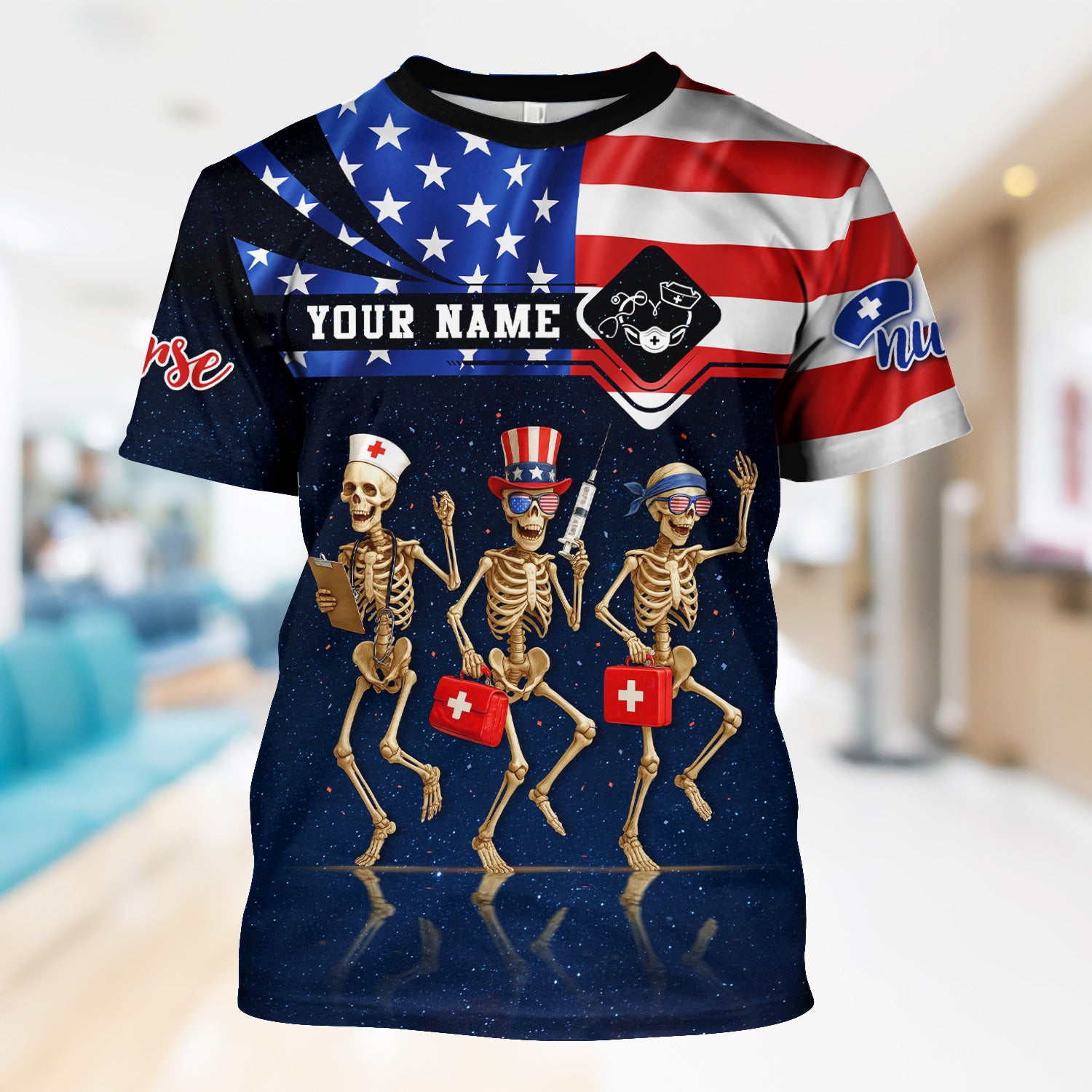 Funny Nurse Skeleton Shirt - Personalized 4th of July Scrub Life Tee - Custom Name RN CNA LPN Gift