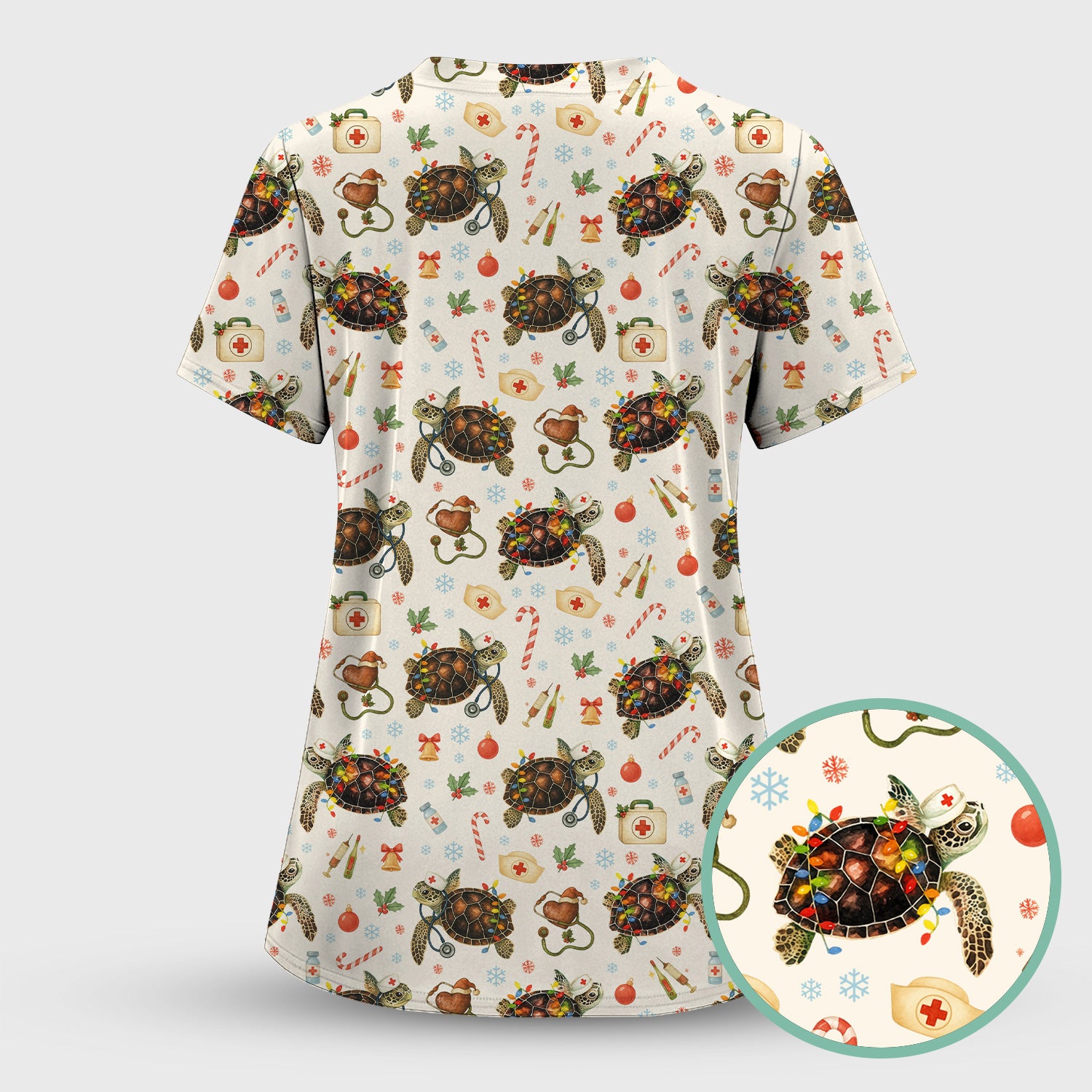Christmas Turtle Scrub Top for Women - Cute Sea Turtle Nursing Medical Shirt - Festive Holiday Scrubs for CNA LPN RN