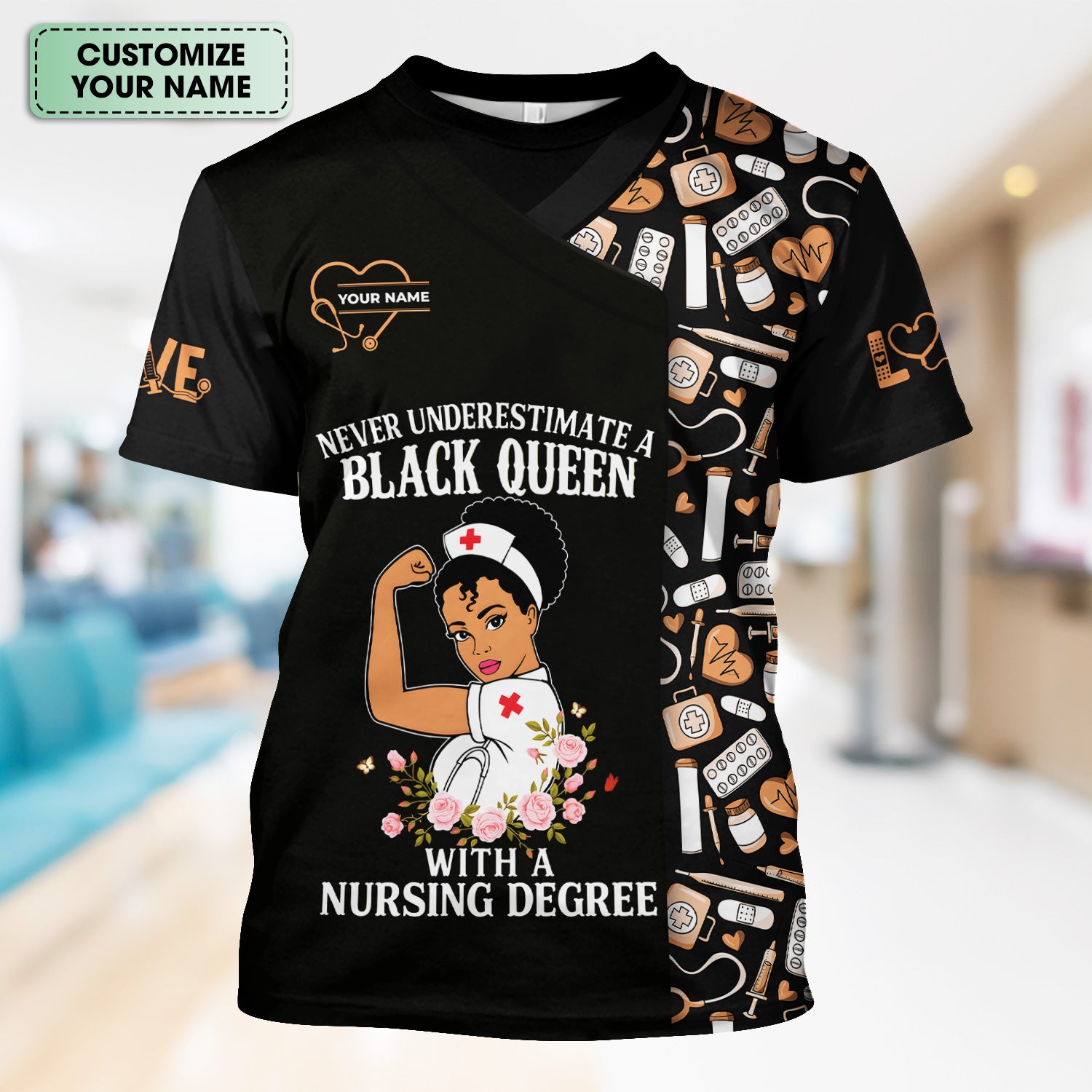 Personalized Nurse Scrub Top for Women - Black Queen With A Nursing Degree - RN LPN CNA Healthcare Workers Gift