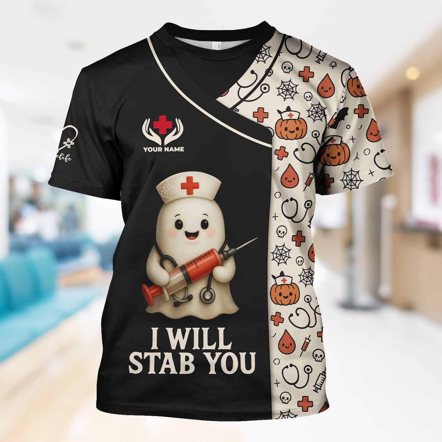 Personalized Funny Halloween Nurse Scrub Top - I Will Stab You Ghost with Syringe for Women RN LPN CNA - Gift for Healthcare Worker