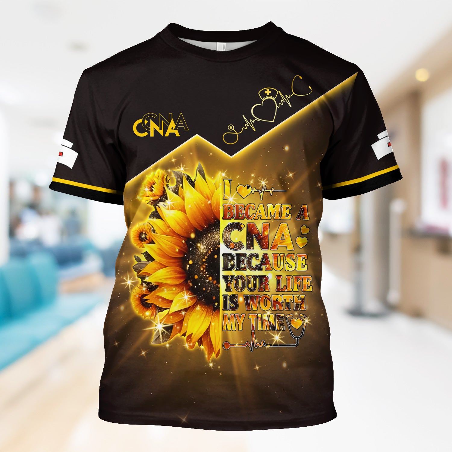 Custom Inspirational CNA T-Shirt - Golden Sunflower & Stethoscope Graphic Tee - Gift for RN LPN Healthcare Workers