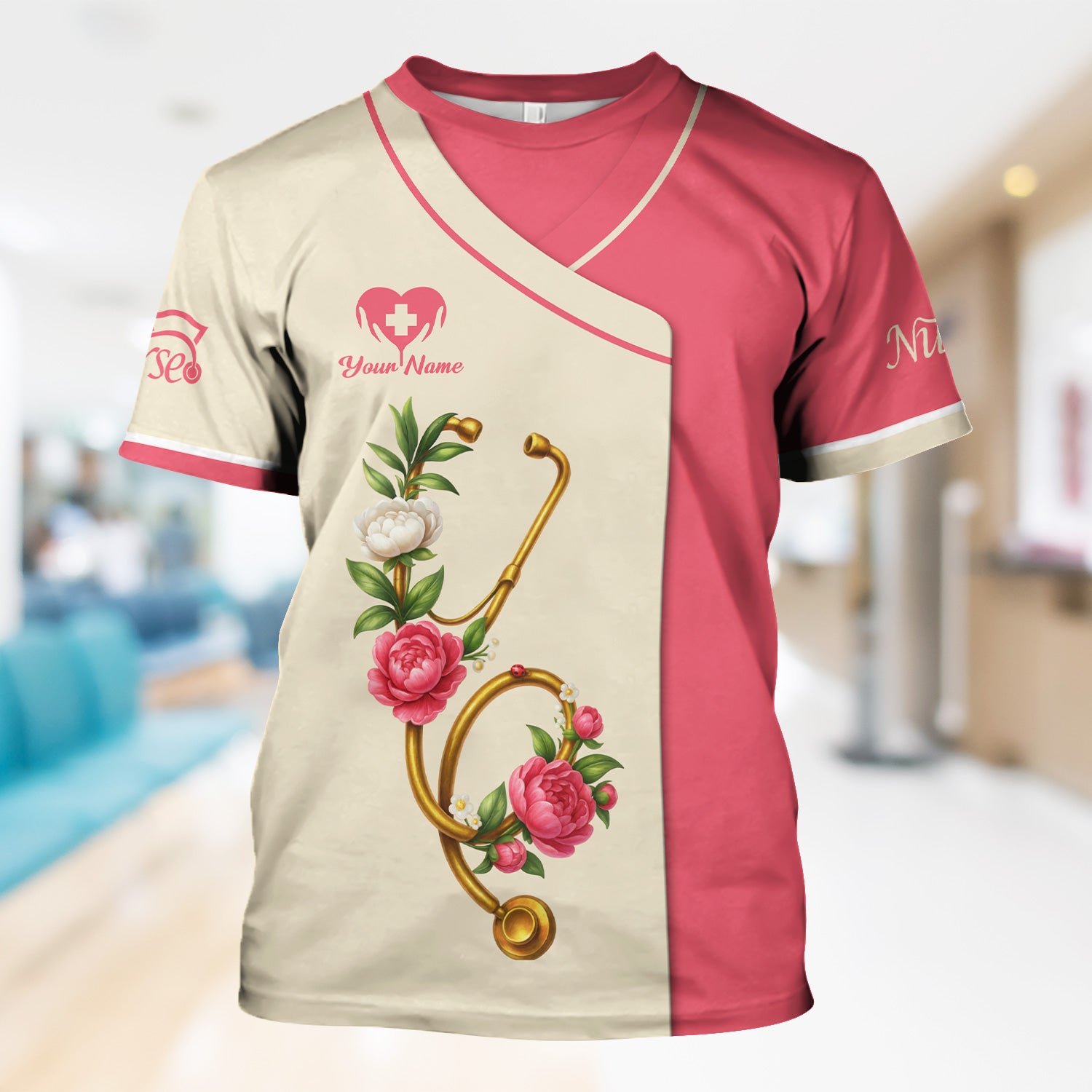 Custom Floral Nurse Scrub Top for Women - Medical Uniform with Stethoscope Design - Gift for RN, CNA, LPN, Medical Staff
