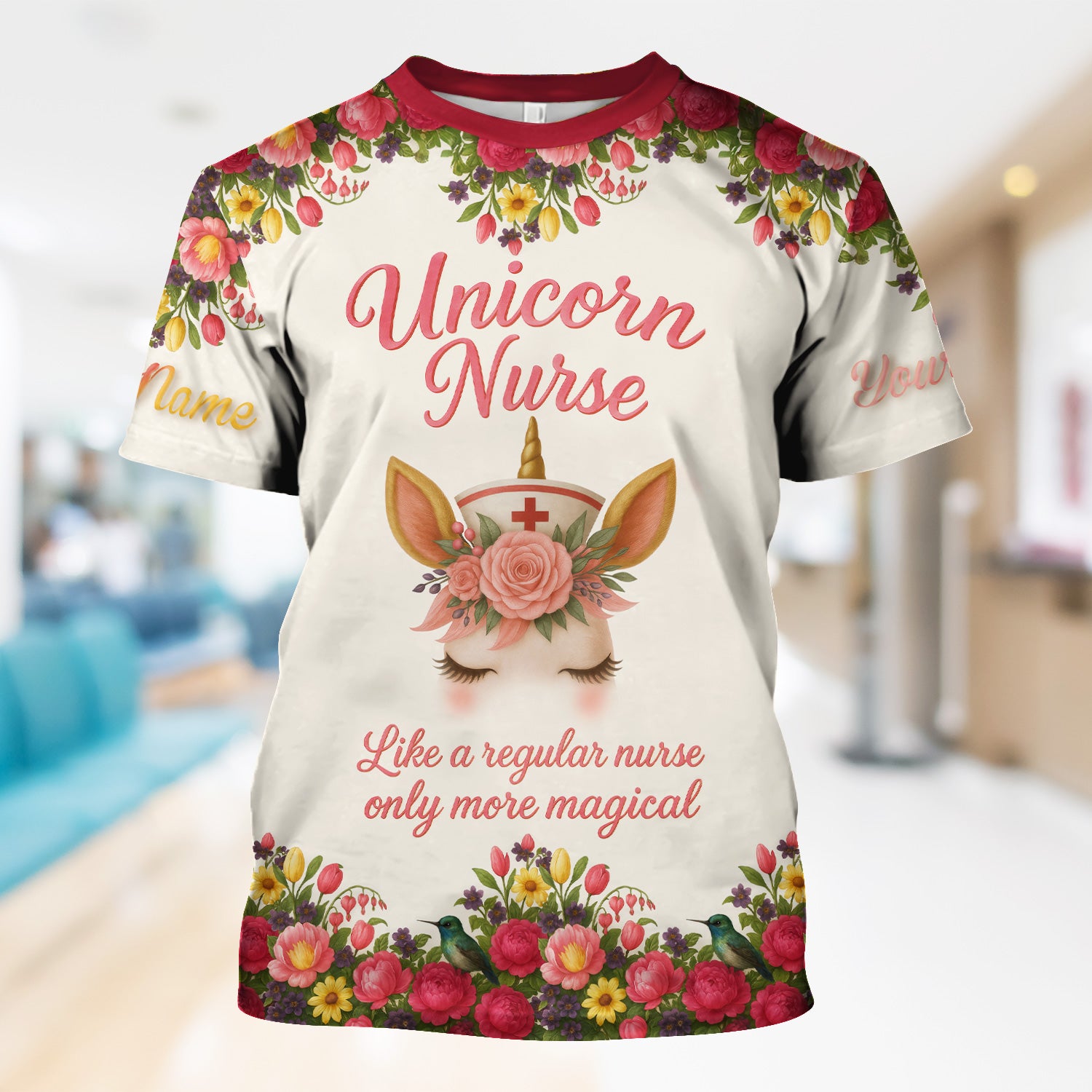 Funny Unicorn Nurse Shirt - Custom Name Floral Magical Design RN LPN CNA - Gift for Nursing Teams & Healthcare Professionals