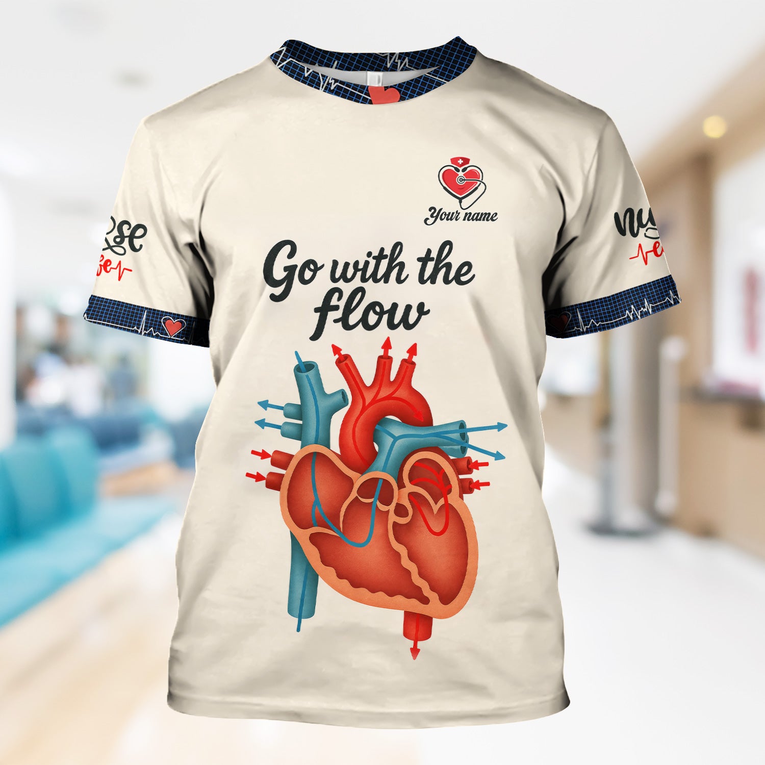 Go With The Flow Nurse Medical Scrub Shirt - Custom Funny Heart Anatomy Design for RN LPN CNA - Gift for Healthcare Workers