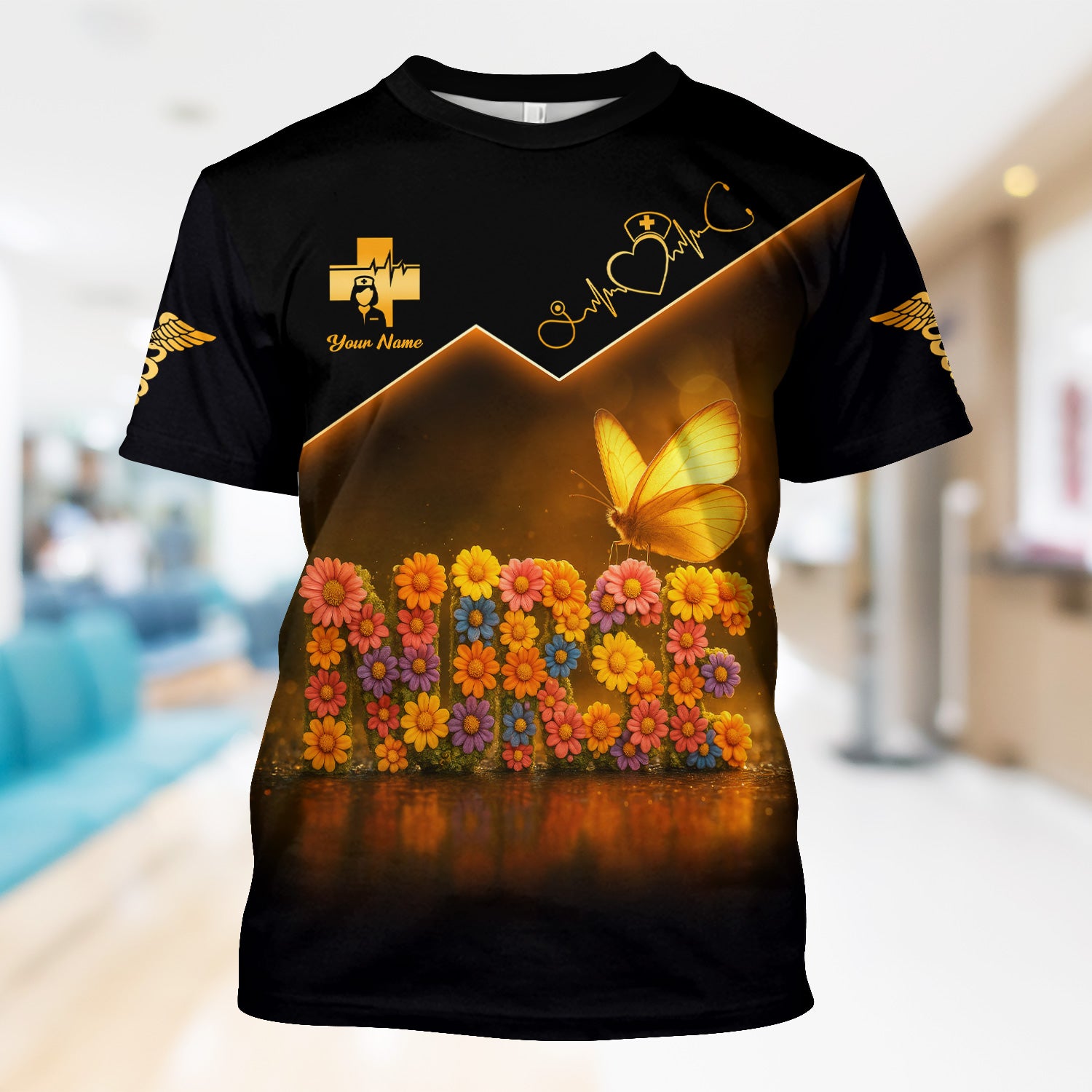 Custom Name Nurse Scrub Top for Women - Floral Butterfly Design with Golden Accents - Medical Uniform Gift for RN LPN CNA