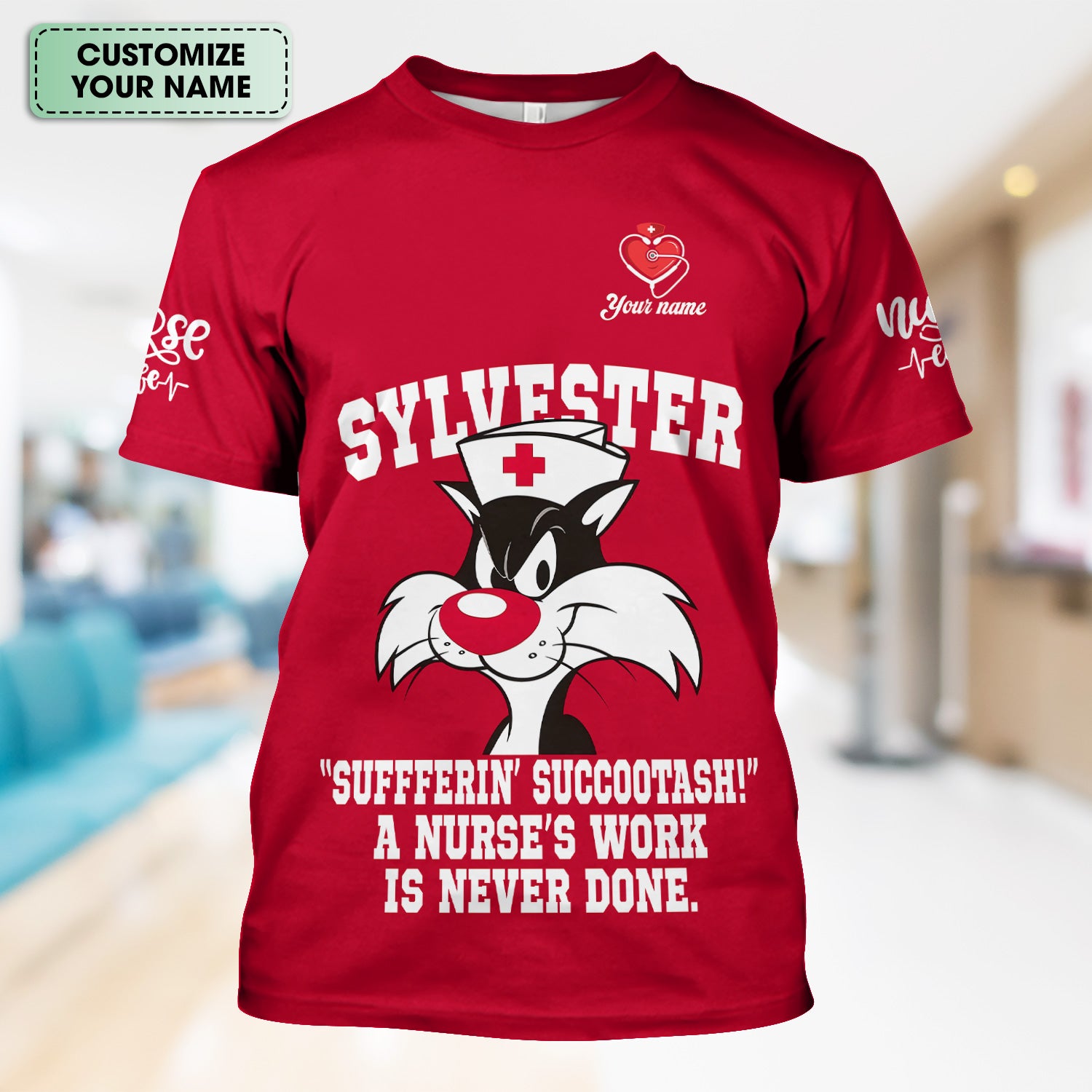 Custom Classic Cartoon Cat Nurse Shirt - A Nurse's Work Is Never Done Sarcastic Quote - Gift for RN LPN CNA
