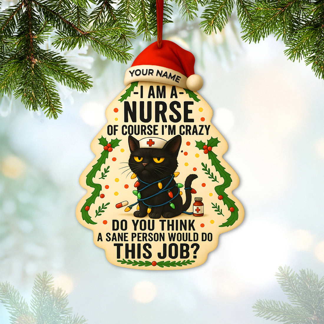 Personalized Nurse Black Cat Christmas Ornament, Holiday Decoration, Custom Name Nurse Gift for CNA RN LPN