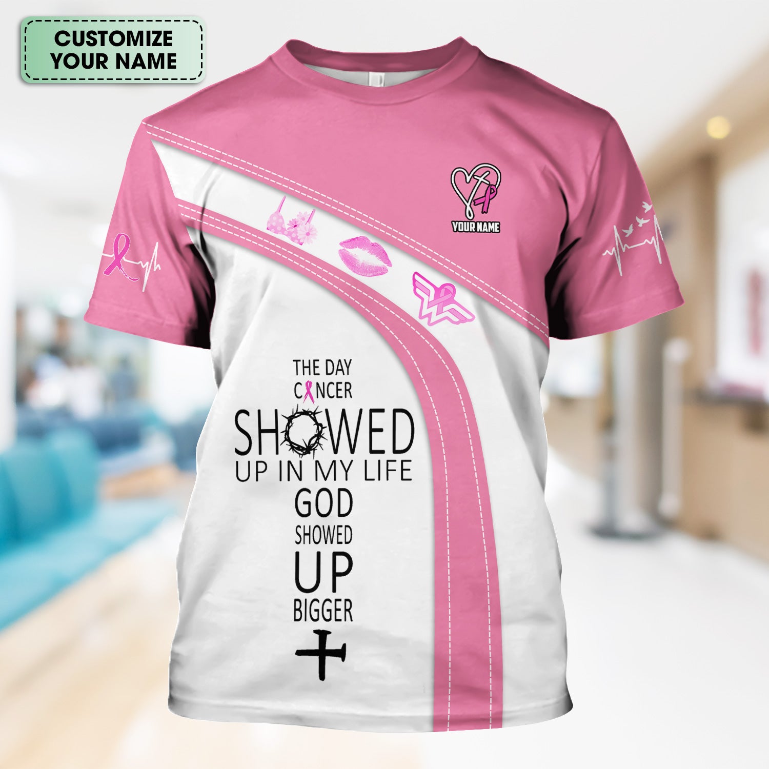 Custom Breast Cancer Awareness Faith Scrub - The Day Cancer Showed Up Quote - Gift for Women RN LPN CNA