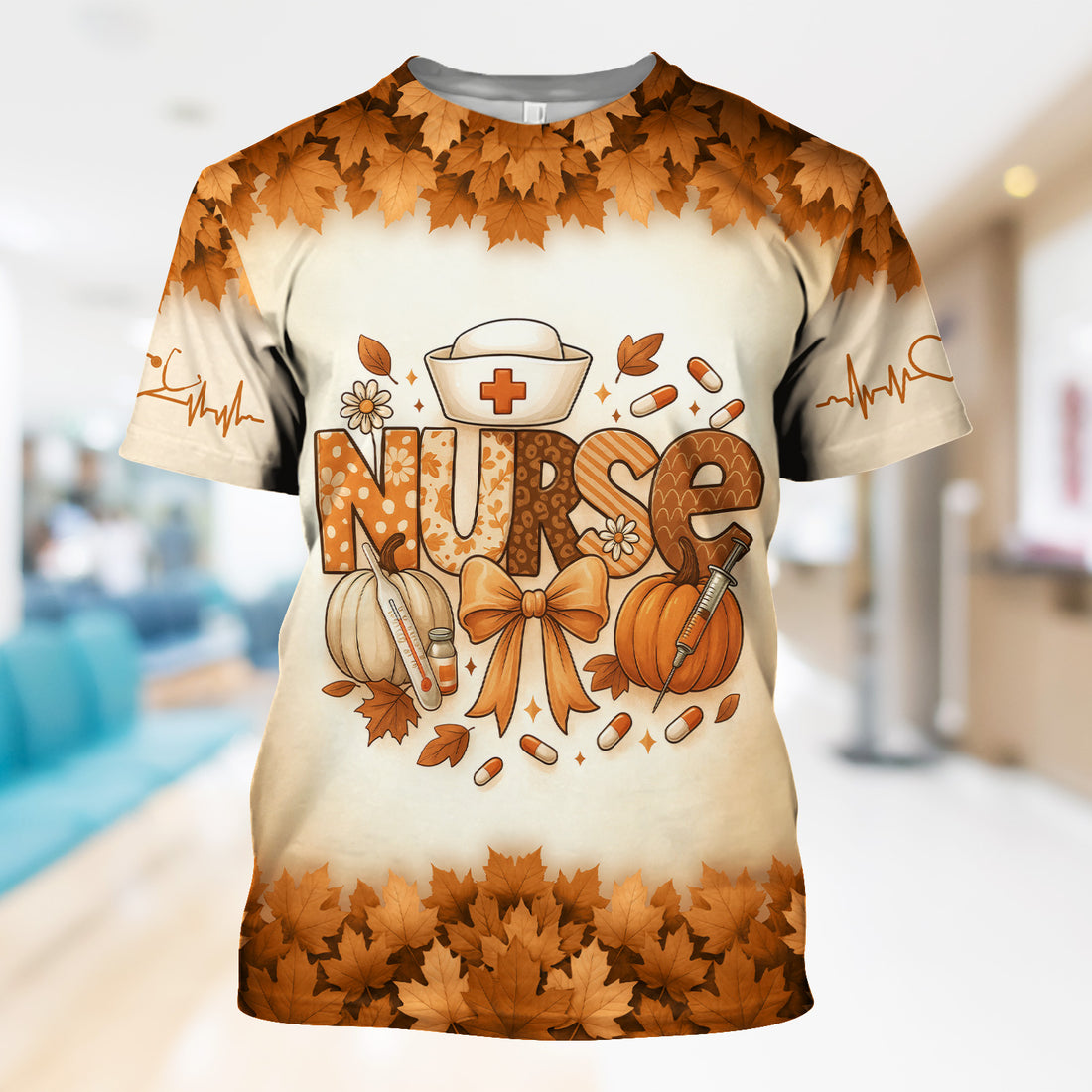 Custom Fall Nurse Shirt for Women - Stethoscope Name & Pumpkin Leaves Design - Cute Seasonal Gift for RN CNA LPN