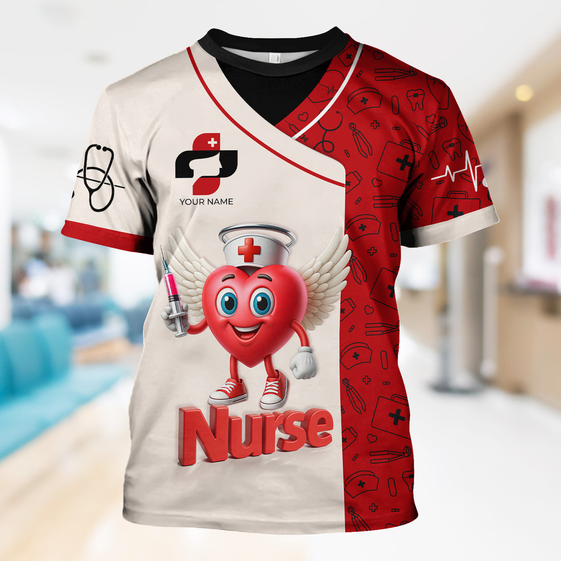 Custom Funny Nurse Shirt - Cartoon Heart with Syringe & Angel Wings - I Will Stab You Quote Gift for RN LPN CNA Medical Workers
