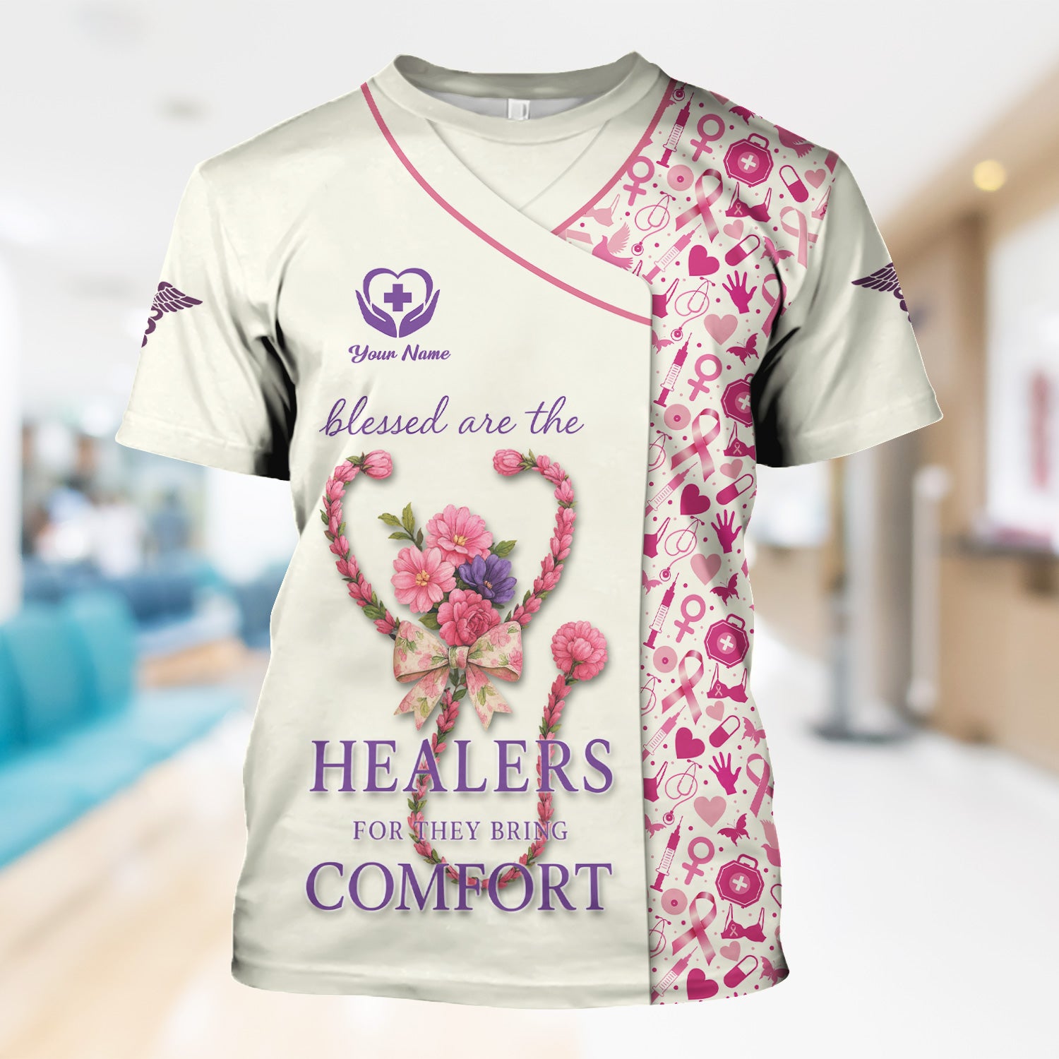 Custom Breast Cancer Awareness Nurse Shirt - Blessed Healers Comfort Quote - Gift for RN LPN CNA