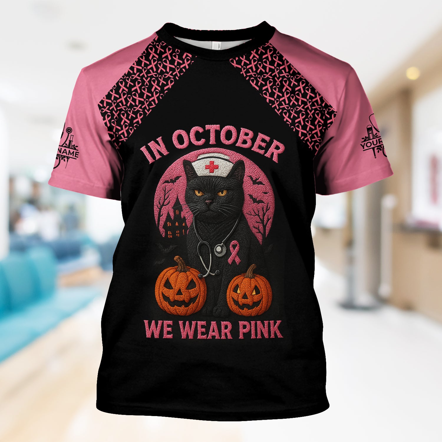 Custom Breast Cancer Awareness Nurse Shirt - In October We Wear Pink Halloween Cat Tee - CNA RN LPN Nursing Apparel Gift